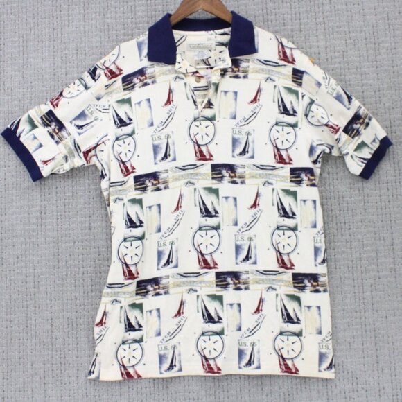 Vintage Natural Issue Polo Shirt Mens Medium M Beige Nautical Pattern Cotton NWT - Picture 1 of 9